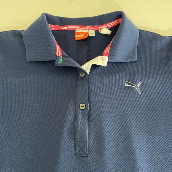 Puma Sport Lifestyle Dry Cell SS 3 Button Poly Polo Shirt Navy + White Accent M - Picture 3 of 12